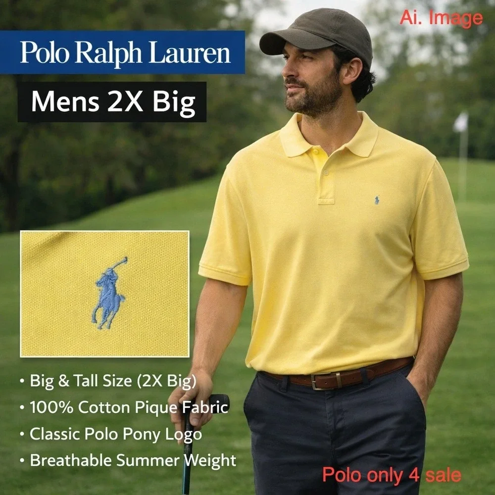 Polo Ralph Lauren Mens Big 2X Yellow Short Sleeve‎ Pique Polo Shirt Hi-Lo Hem